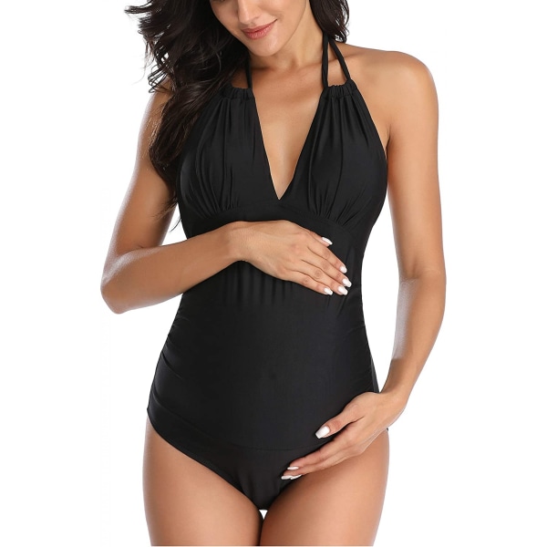 AVEKI Maternity Swimsuits One Piece V-Neck Pregnancy Swimwear Halter Maternity Bikini, Svart, 2XL