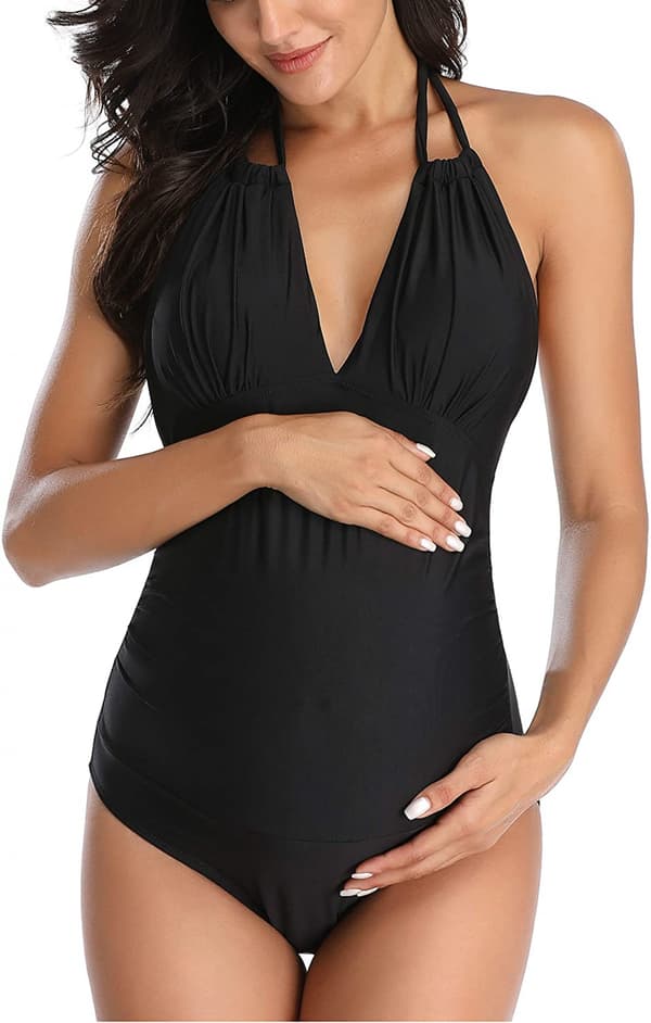Maternity badedragt one piece V-hals graviditet badedragt halter graviditet bikini, sort, XL