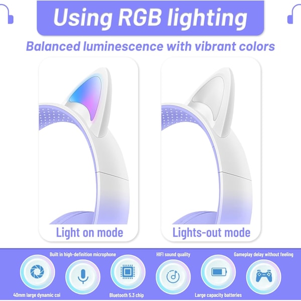 Bluetooth-hodetelefoner for barn, søte ørekatteører LED-lys oppfellbare hodetelefoner Stereo Over Ear med mikrofon/TF-kort trådløse Hea