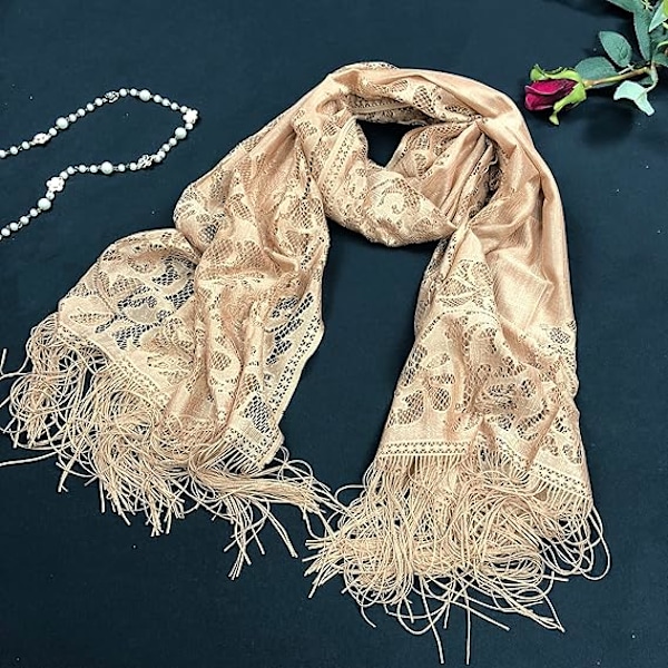 Damkoftor i blommig spets, sjal och omslag för aftonklänning, fransad spets Pashmina-sjal för bröllopskostymfest, Offwhite