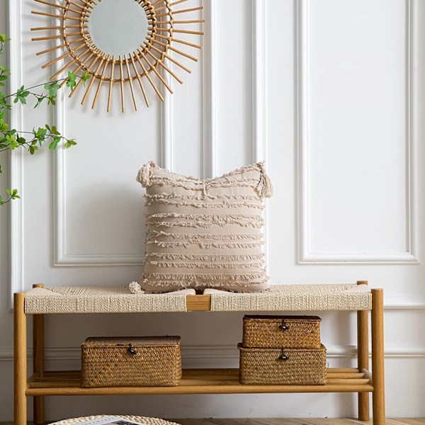 Pudebetræk 18x18 tommer Stribet Jacquard Bomuld Linned Dekorative Pudebetræk til Hjemmeindretning Sofa Landlig Stue Soveværelse（Beige）