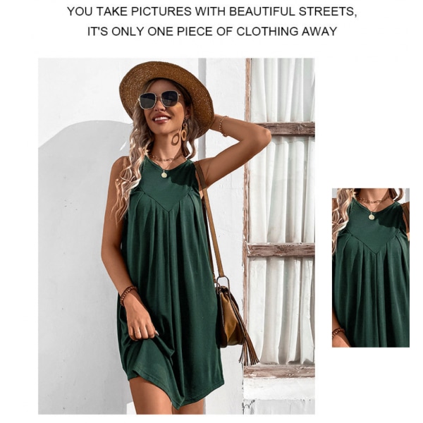 2023 Dam sommar grimma ärmlös miniklänning Lös linne veckad klänning Kort strandklänning solklänning (mörkgrön L)
