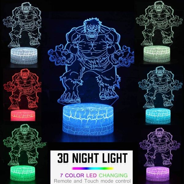 Hulk - leksaksgåvor för pojkar, WJ 3D-illusionslampa för barnkammaren, coola Marvel-leksaker, födelsedagsgåvor & 7 färgskiftande leksaker Hulken