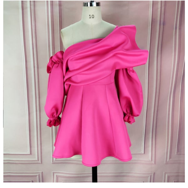 Kvinners lanterne erme høy midje midi tettsittende kjole sexy stretchy blyant arbeidskjole slips midje elegant kjole kvinners klær (Rose Red S)