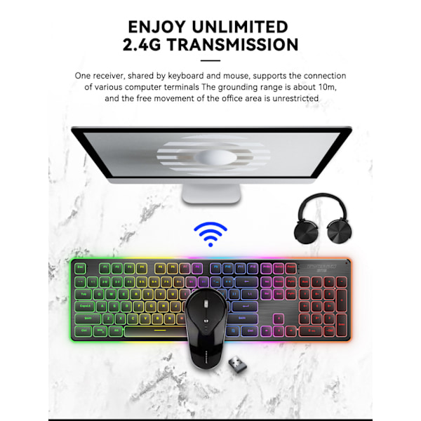 GLK350 Şarjlı Parlayan Oyun Klavyesi ve Mouse Seti Sessiz Kablosuz Klavye Mouse USB Gökkuşağı Aydınlatmalı Standart Oyun Klavyesi + Mouse Seti Siyah