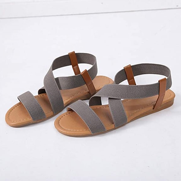 Elastiska söta platta sandaler för kvinnor Casual sommar strand skor sandal semester resor gladiator sandaler ------ Grå（Storlek 35）