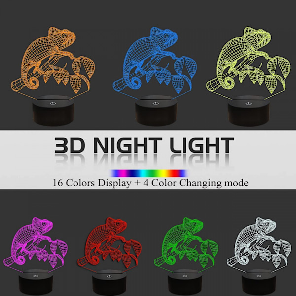 JUSTUP Chameleon  Animal 3D nattlys illusjonslampe for jenter gutter menn kvinner 16 farger endring med fjernkontroll