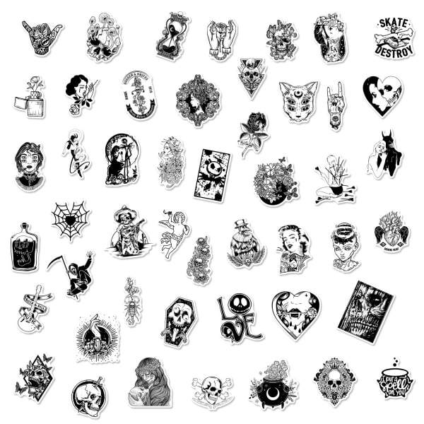 Gothic Horror Black and White Punk Stickers, set med 50, vattentät och UV-beständig, perfekt för alla dina prylar