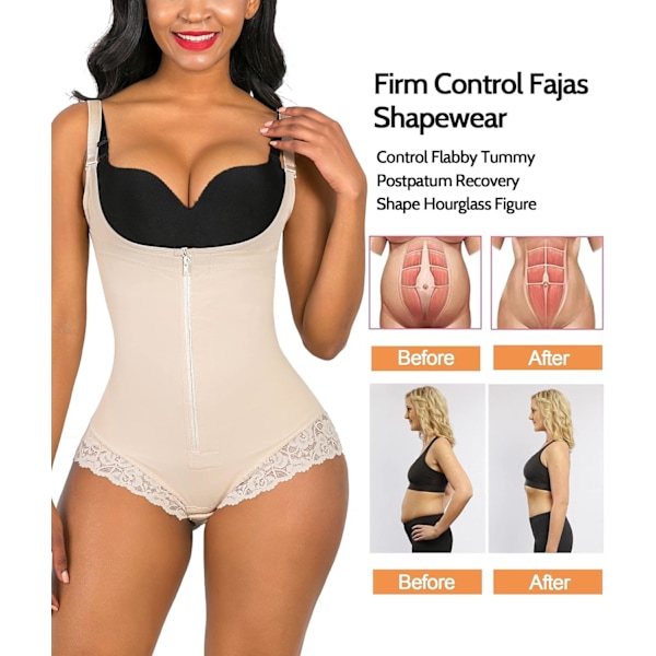 Shapewear til kvinder, mavekontrol, Fajas Colombianas, body shaper, lynlås, åben barm, heldragt S Beige