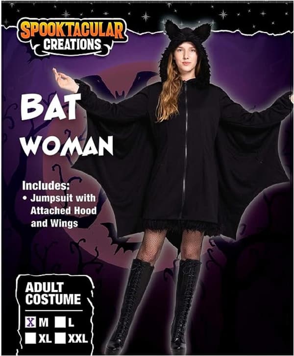 Kvindes Sort Bat Zip Hoodie Halloween Kostumer til Voksne - Medium