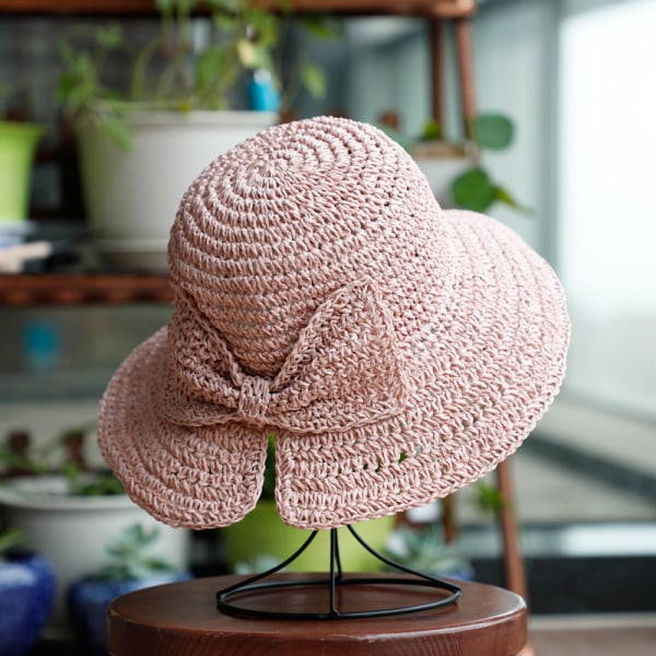 Vikbar bred brättad floppy strå strandsolhatt, cap med pilbåge för kvinnor, flickor, rem justerbar (rosa)