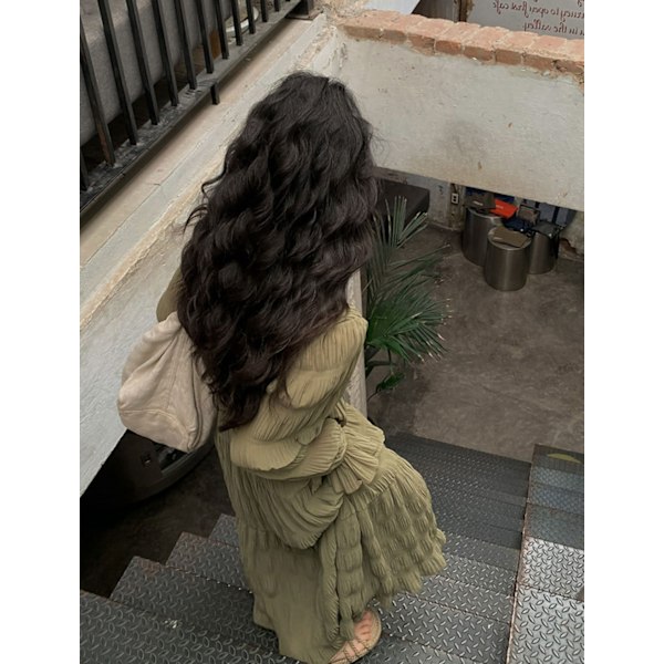 Womens V-hals Langærmet A-Linje Ruffle Lagdelt Casual Lang Maxi Kjole (Grøn XS)