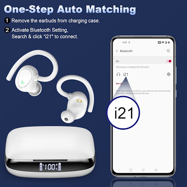 Trådløse ørepropper, 48 timer Bluetooth 5.3 hodetelefoner over øret IP7 vanntett, sports trådløse øretelefoner i øret med dobbel LED-skjerm, Ste