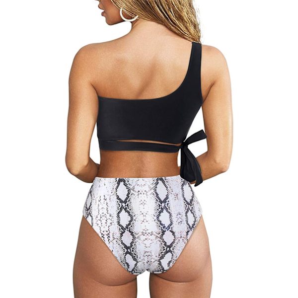 Dam One Shoulder Hög Midja Bikini Spets Upp Hög Skuren Tvådelad Baddräkt för Semester, Simning, Pool (Svart + Vit Ormhud) S