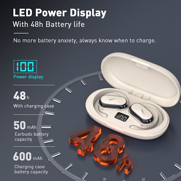 Öppna öronhörlurar och öronsnäckor, öppen öronkonstruktion, långvarigt batteri (48 timmar), LED-display, Bluetooth 5.3, Hi-Fi-ljud, öronsnäcka