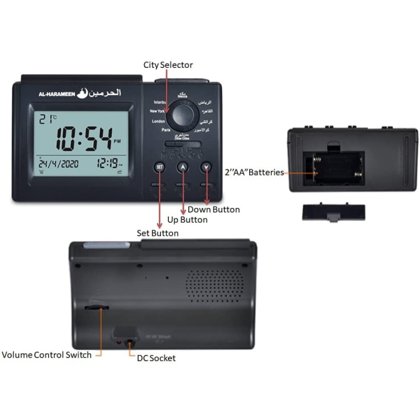 Muslimsk Azan Bordklokke Azan Athan Bønne Klokke Svart Farge Komplett Azan for Alle Bønner Qibla Retning HA-3006