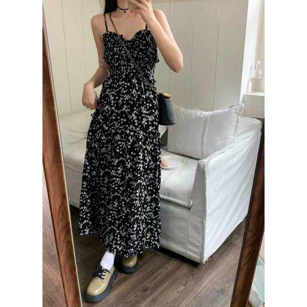 Kvinders Boheme Blomstermønstret Wrap V-hals Suspender Strandfest Maxi Kjole (Sort M)