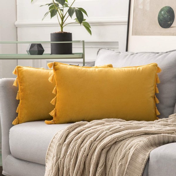 Pakke med 2 fløjlsbløde, ensfarvede dekorative pudebetræk med kvaster, frynser, boho-accent, pudebetræk til sofa, seng (12 x 20 tommer, guld)