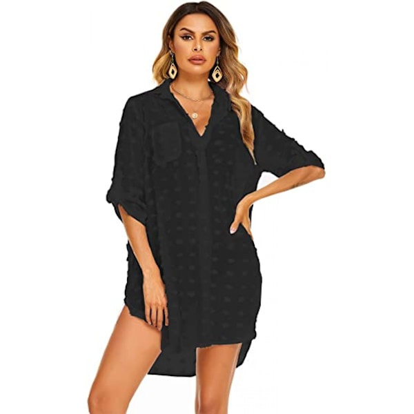 Kvinde badedragt strand cover ups skjorte bikini badetøj badetøj strand coverups kjole, B-sort-tyk, L