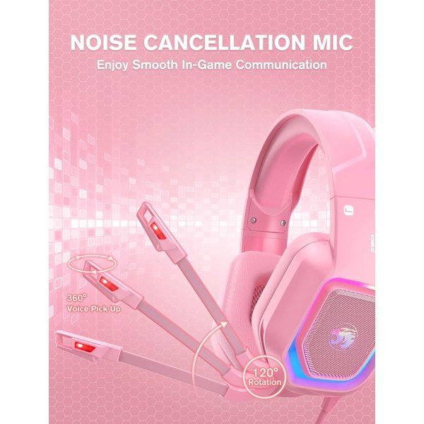Z30 Pink Gaming -kuulokkeet PS4:lle, PS5:lle, Xbox Onelle, PC:lle, langalliset korvan yli -kuulokkeet melunvaimennusmikrofonilla, LED-virtaava RGB-valo,