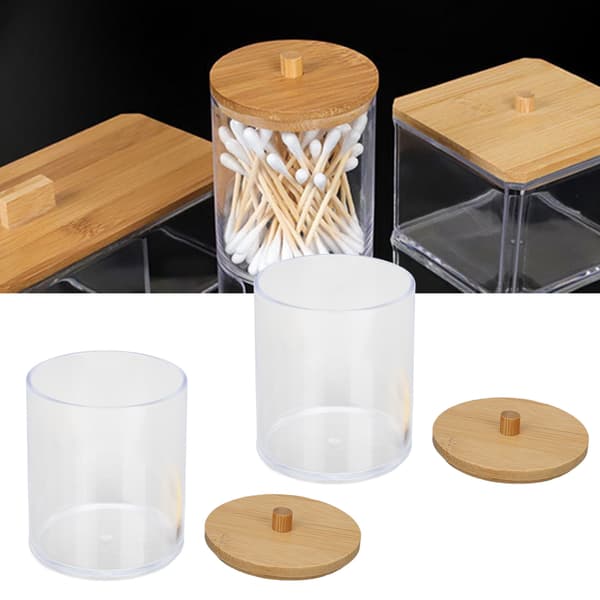 2PCS Bomullstopsförvaringslåda Plastcylinder Transparent med Bambulock Bomullstopsorganisatör för Hem