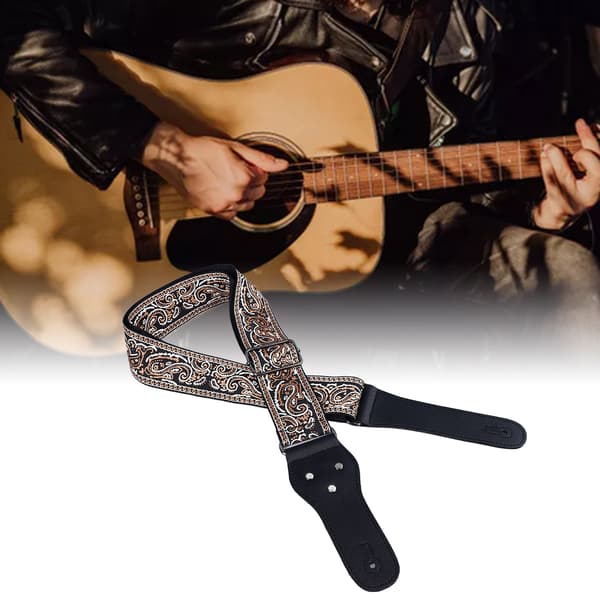 Gitarrrem med broderi, breddad justerbar axelrem med plektrum för akustisk elgitarr bas brun