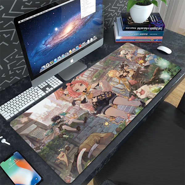 Spel Yuanshen tecknad kontors tangentbord dator skrivbordsunderlägg stort kreativt underlägg vattentätt smutsavvisande tjock musmatta，400*900*3mm