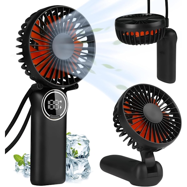 Kannettava tuuletin, mini pöytätuuletin ladattava LED-näytöllä, 180° taitettava henkilökohtainen käsituuletin kaulanauhalla kaulatuulettimeksi, voimakas tuuli ja Black
