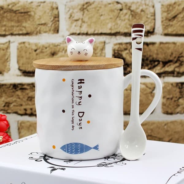 Katt Keramik Kaffe Mugg Tekopp med Lock och Sked