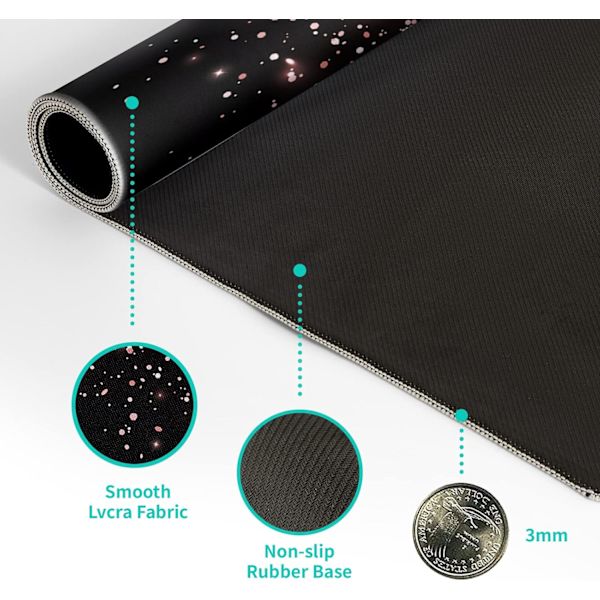 Roseguld Glitter Sort Gaming Mousepad, Udvidet Stor Mouse Mat Skrivebordsunderlag, Skrivebordsunderlag XL Mousepad, 3mm Tyk Lang Skridsikker Gummi
