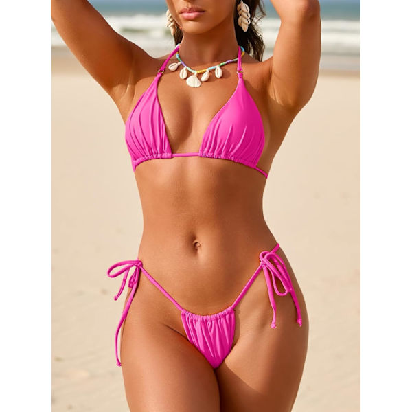 Dam Triangle Trosa Bikini Set Två Delar Sexig Cheeky String Halterneck Baddräkt Baddräkter för Kvinnor Pink M