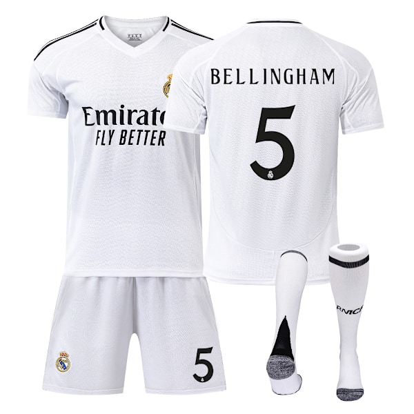 Real Madrid Hjem Bellingham nr. 5 Drakt, Barn, Voksen Fotball Treningsdrakt, Topp + Bukse + Sokker 26 WHITE