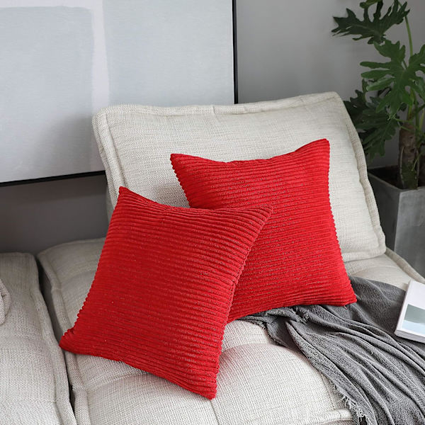 Pudebetræk 20x20 Jule Dekorative Sæt af 2 Solid Supersoft Cordfløjl Striber Firkantede Pudebetræk, 20 x 20 tommer (50cm), Rød