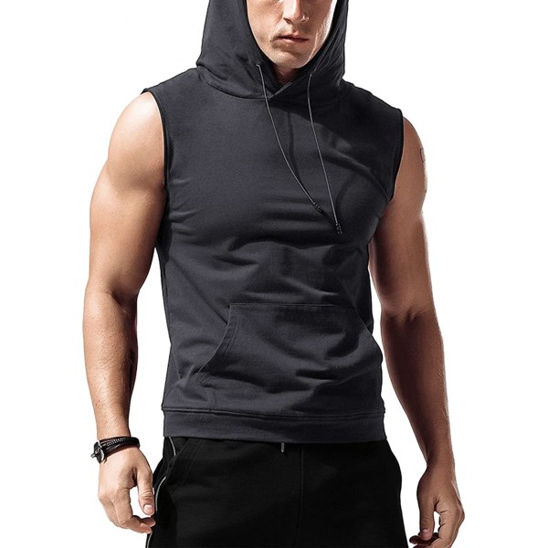 AVEKI Träningströjor med huv för män Ärmlösa gymhuvtröjor Bodybuilding Muscle Ärmlösa T-shirts, Deep Grey, XXL