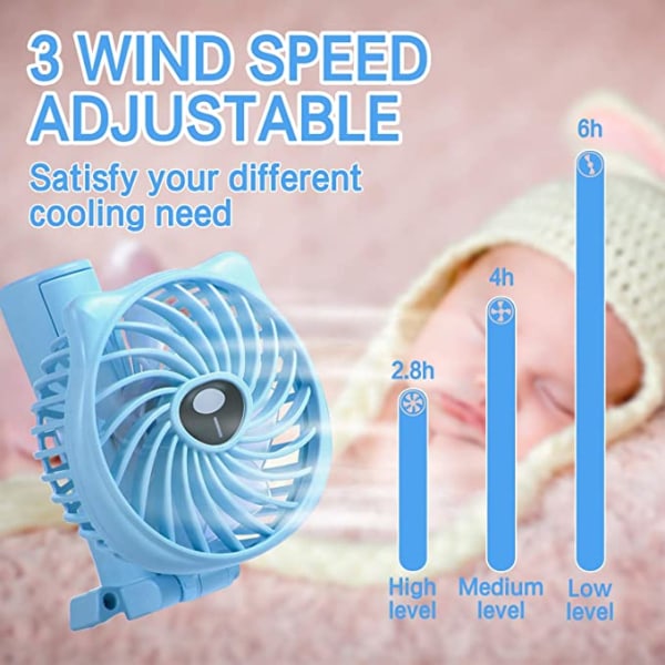 Mini håndholdt ventilator 2600mAh batteridrevet ventilator 3 hastighedsjusterbar USB genopladelig lille bærbar personlig ventilator foldbar blå