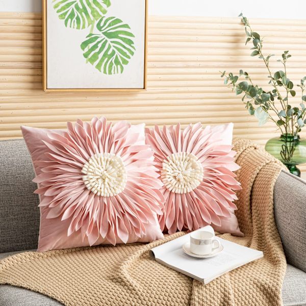 18x18 tum Chrysanthemum Solros Överkast Kuddfodral Set, Sömnad Kronblad Semester Kudde, för Hem Soffa Säng Gästrum Dekor (Mjuk Rosa)
