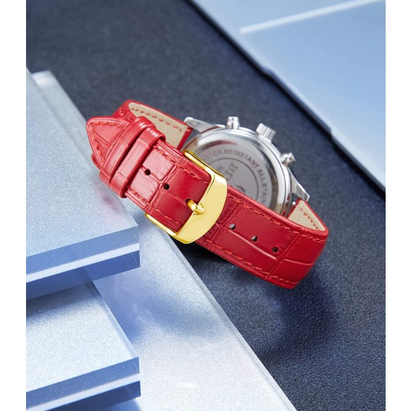 AVEKI Watch i äkta läder Flerfärgat vattentätt för män, kvinnor, G-röd (14 mm)
