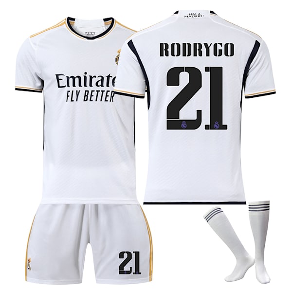 23/24 Real Madrid Hjemmefotballdraktsett med sokker 21 RODRYGO Barnstorlek20