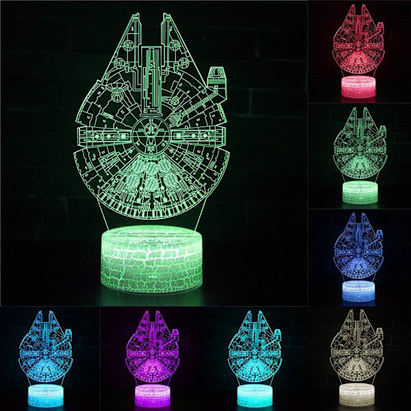 3D Illusion Star Wars Nattlys Fire Mønster Dødsstjerne/Millennium Falcon/Romskip/BB-8 Interstellar 7 Farge Endring Dekor Lampe Nattlys Star Wars Combo Pack-C