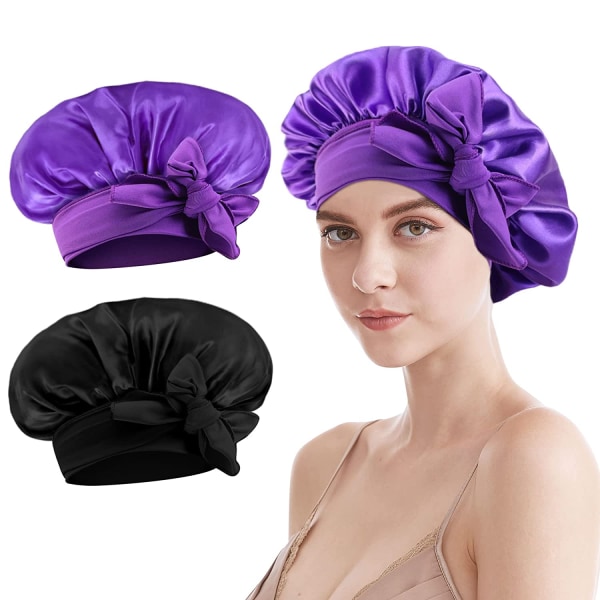 Satin Sleep Cap - Damhårhuv Elastisk hatt med brett band med justerbar silke natthatt Cap för Salon Sleep Spa
