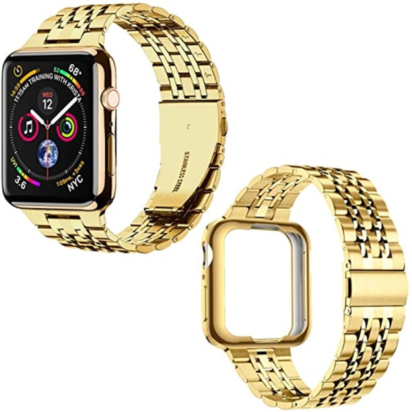 Kompatibel med Apple Watch-armband 42mm 44mm 45mm, massivt rostfritt stål metallband för iWatch Series, guld
