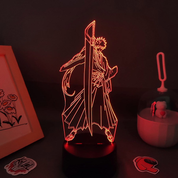 3D Illusionslampa Bleach Light Anime Figur Kurosaki Ichigo Shikai 3D LED Manga RGB USB Nattlampa Födelsedagssängbord Dekoration