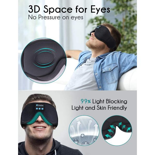 Sovhörlurar, 3D Sömnmask Bluetooth Trådlös Musik Ögonmask, Sovhörlurar för Sidosovare Sömnmask med Bluetooth H