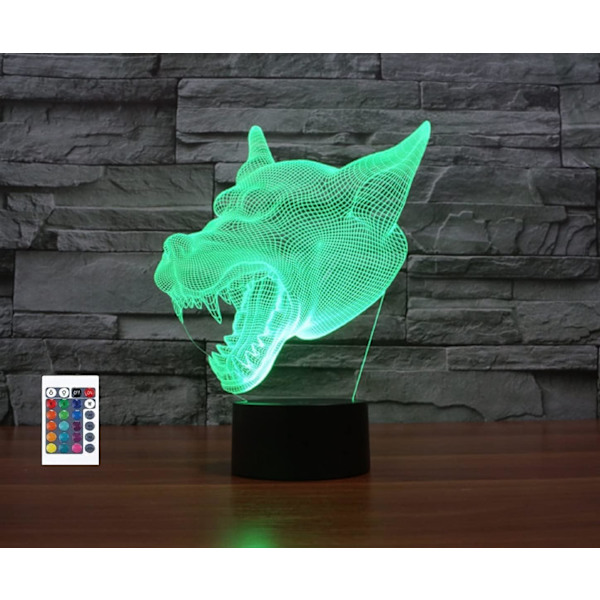WJ 3D Varg Huvud Fjärrkontroll 16 Färg Nattljus Illusion Akryl LED Bordsängslampa Barn Sovrum Skrivbordsdekor Födelsedagspresenter Leksak för Barn