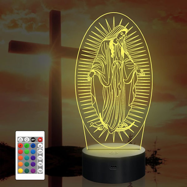 Jomfru Maria-gaver, WJ 3D Vår Frue nattlys illusjonshologramlampe 16 fargeskiftende med fjernkontroll + timer, LED beste bursdagskristne gave