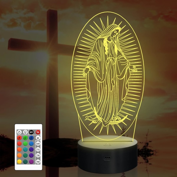 Virgin Mary Gifts, WJ 3D Our Lady Night light Illusion Hologram Lamp 16 Color Changing with Remote Control + Timer, LED Best Birthday Christian Gift