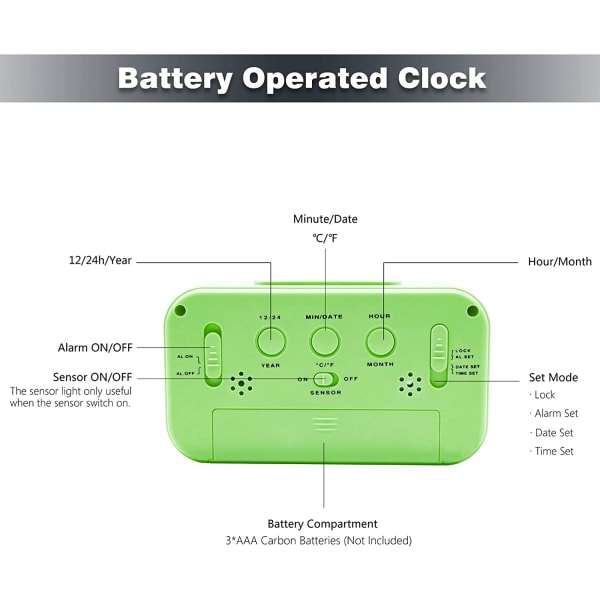 JUSTUP Batteridriven sladdlös digital väckarklocka för sovrum Kontor tunga sovplatser Barn （Grön）