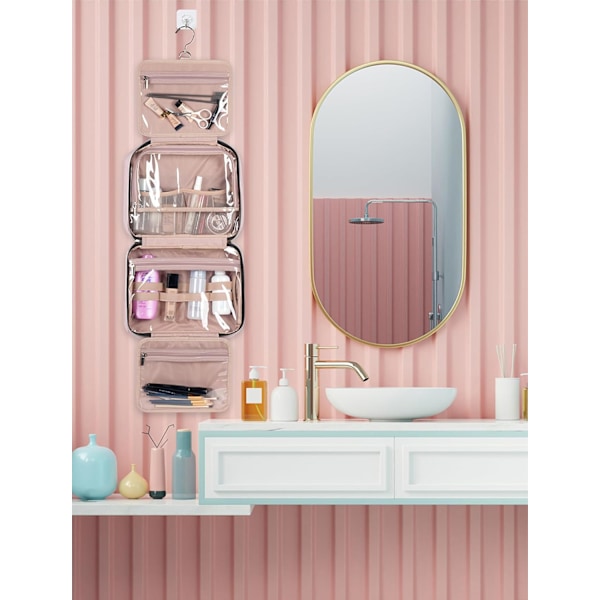 Naisten toilettilaukku, matka-toilettilaukku ripustuskoukulla, vedenpitävä suuri matkalaukku meikeille ja tarvikkeille pink