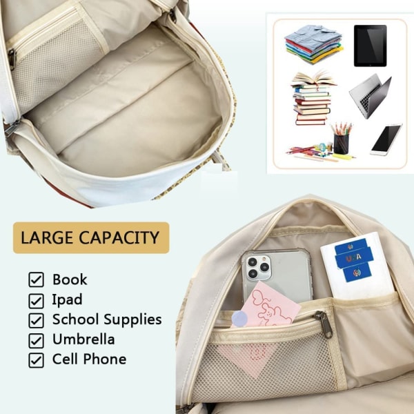 Preppy Ryggsäckar för Skolan, Stora Kapacitet Estetiska Skolväska, Lätt Casual Daypack med Söta Dockor för Tonårsflickor (Vit)