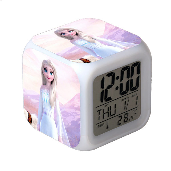 Frozen färgglad glödande LED-väckarklocka Anime Cartoon Barn Fyrkantig klocka Digital väckarklocka med tid, temperatur, alarm, datum